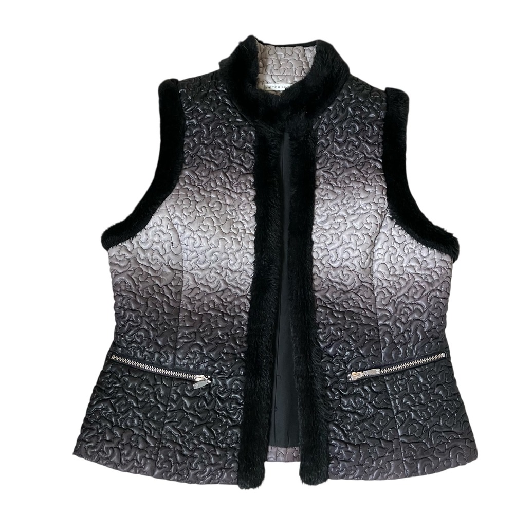 Peter Nygard Women's Quilted‎ Ombre Fur Trim Vest Black Gray Full Zip Pockets M